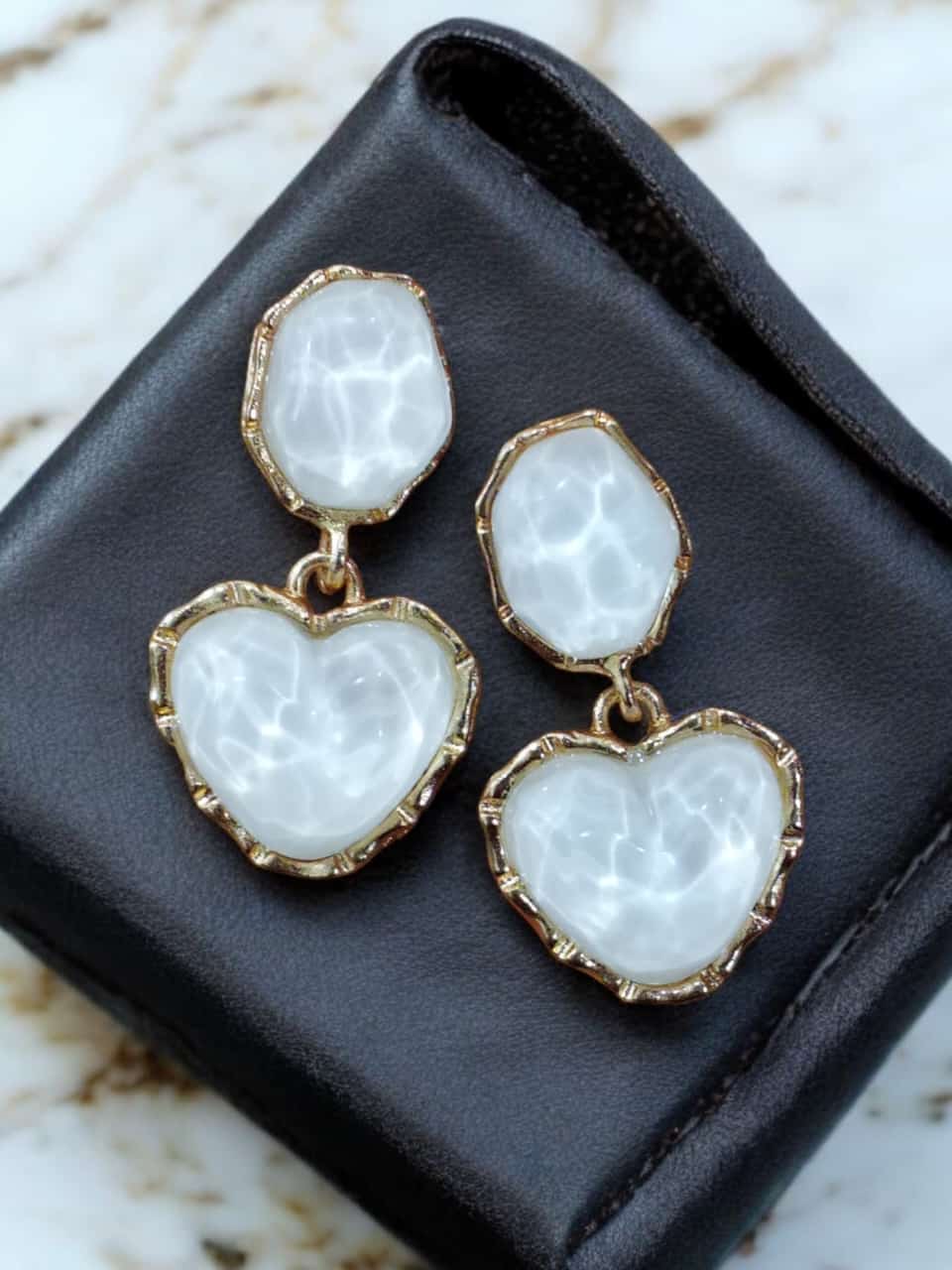 Gold-Plated White Heart Drop Earrings - Image 2