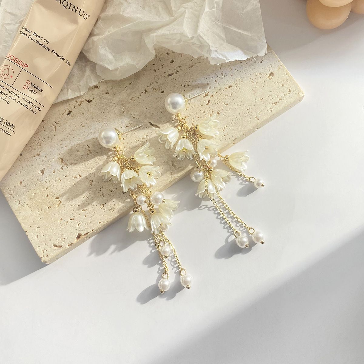 JJK 51 Lightweight Faux Pearl & Lily Flower Drop Earrings