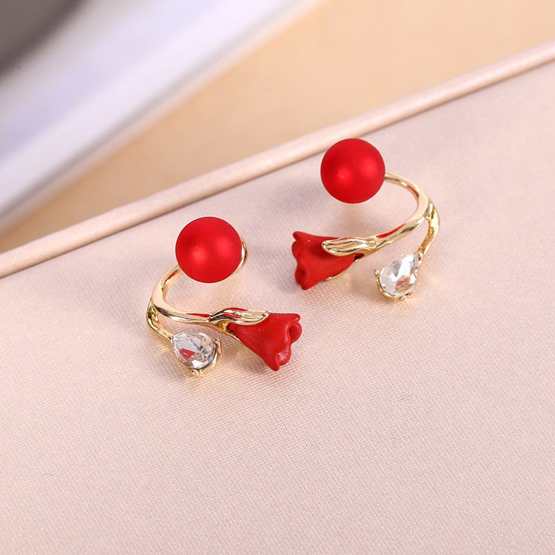 JJK 52 Korean Fashion Red Tulip Flower Pearl and Crystal Stud Earrings. - Image 2