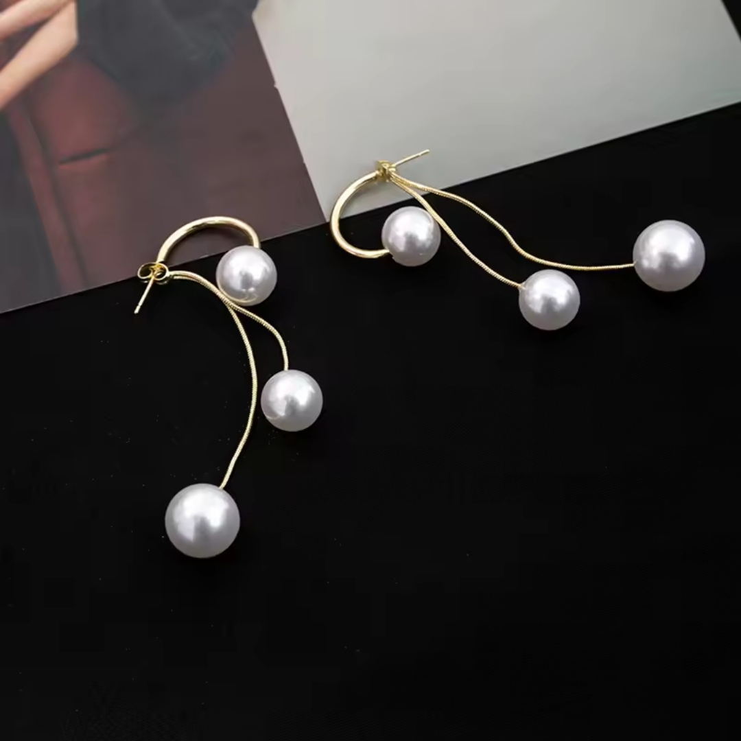 Korean Style Gold-Plated Long Pearl Drop Dangle Earrings or Layered Pearl Chain Earrings. - Image 2
