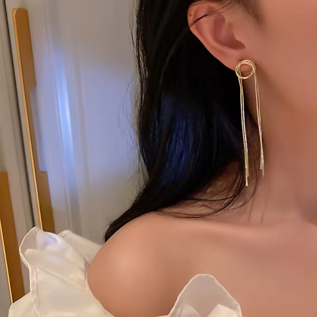 Gold-Plated Long Tassel Chain Dangle Earrings. - Image 3