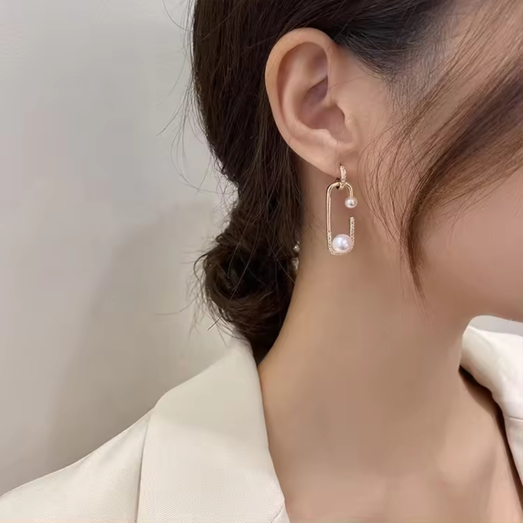 Pearl Safety Pin Dangle Earrings or Gold Toned Pin Shaped Pearl Drop Earrings. - Image 2