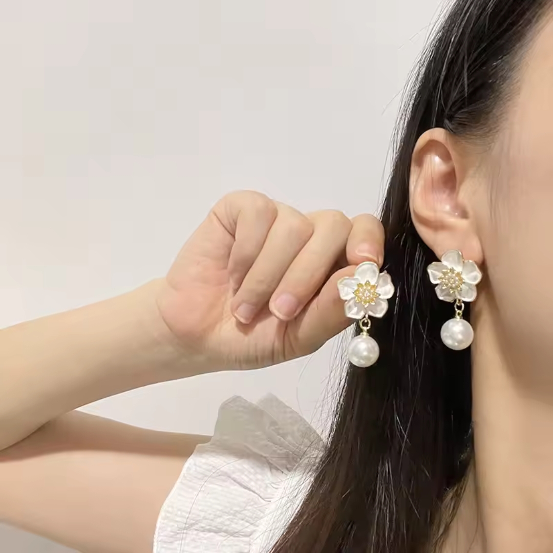 Flower Pearl Drop Earrings or Gold-Plated White Flower Pearl Drop Earrings. - Image 3