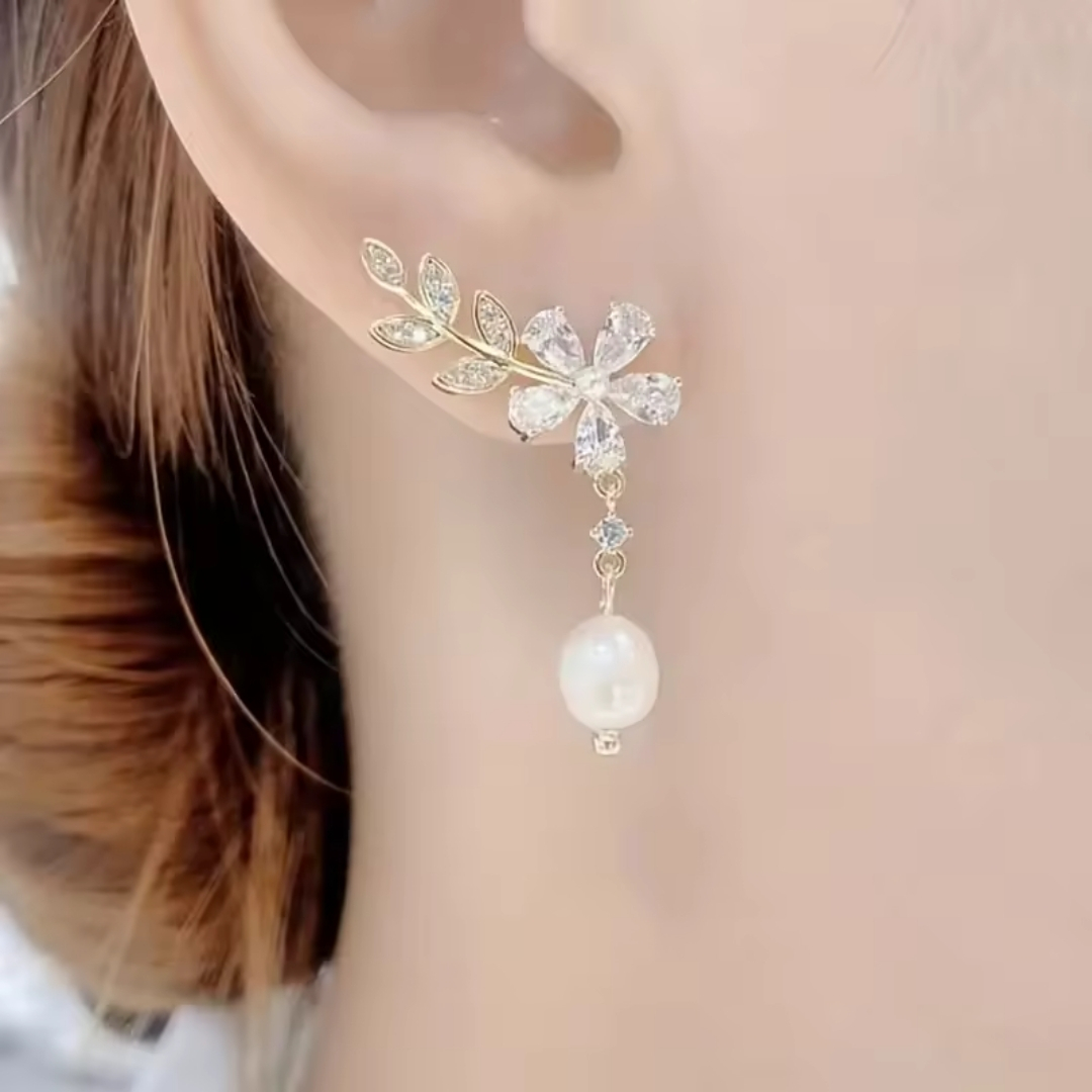 Gold-Toned Leaf and Crystal Flower Pearl Drop Earrings - Image 4