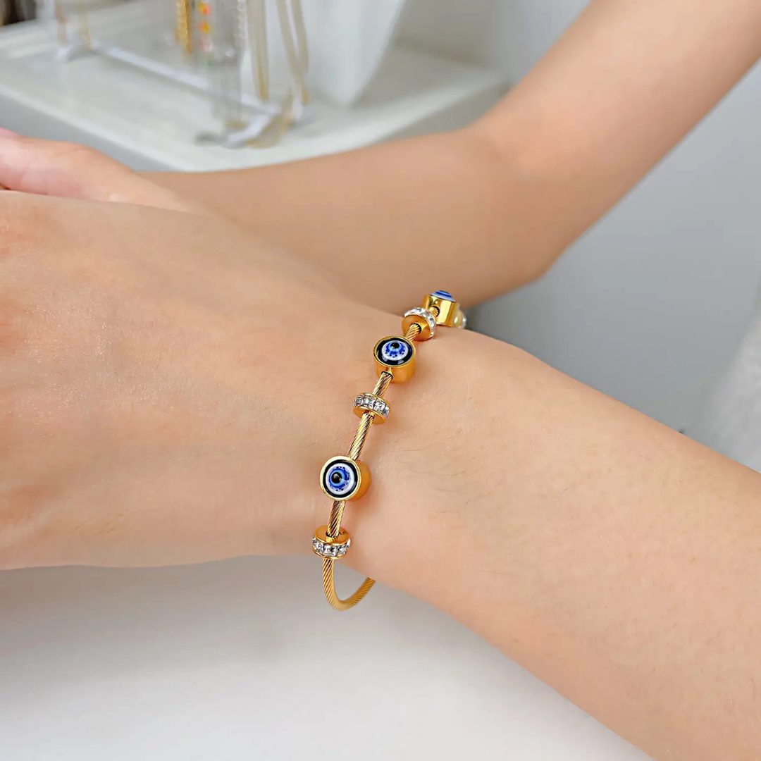 Gold-Plated Evil Eye Bracelet with Zircon Studded Charms. - Image 4