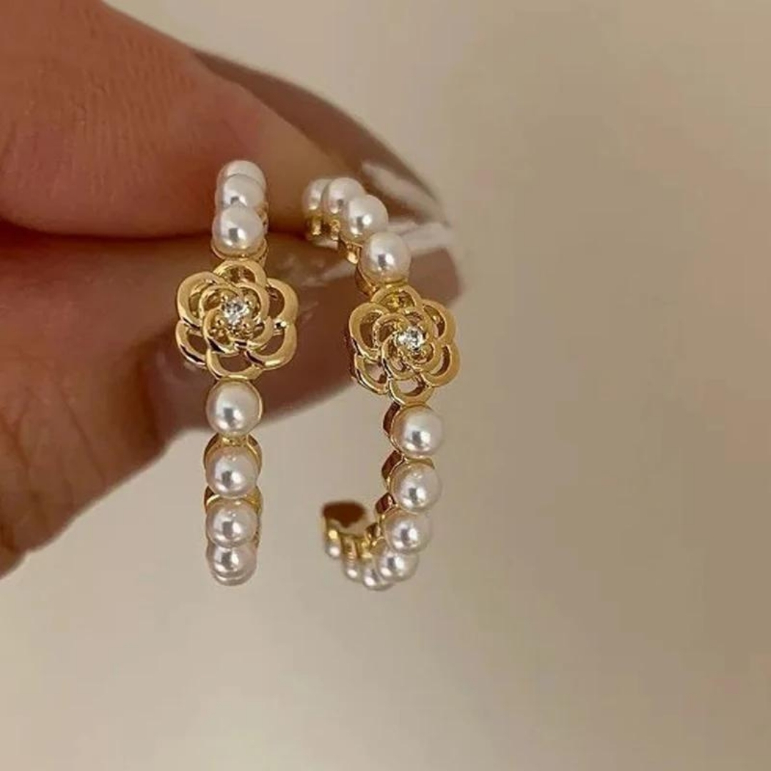 Korean White Pearl Flower Hoop Earrings or Camellia Pearl Hoop Earrings.