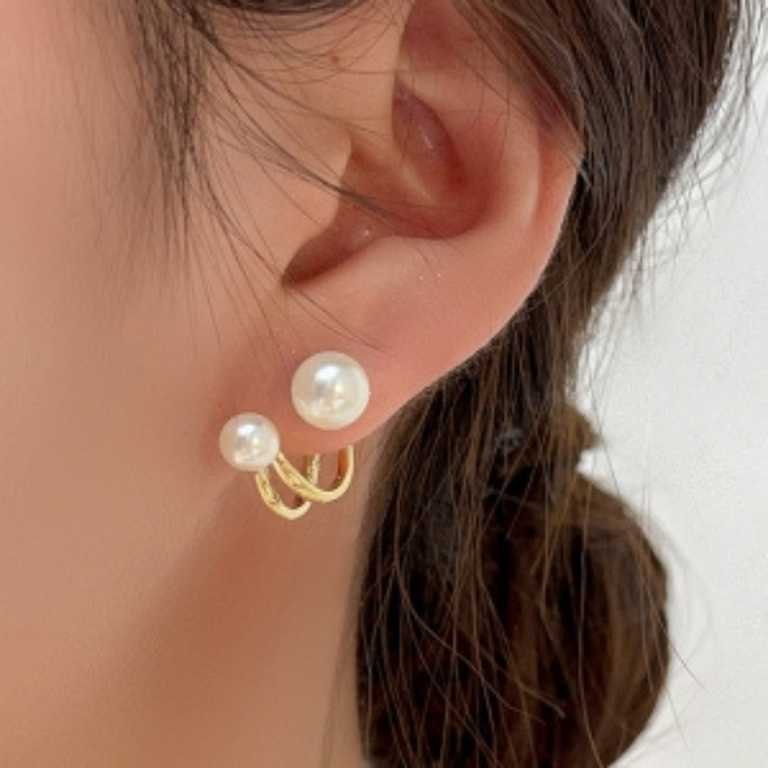 Korean Style Gold-Toned Dual Pearl Stud Earrings - Image 2