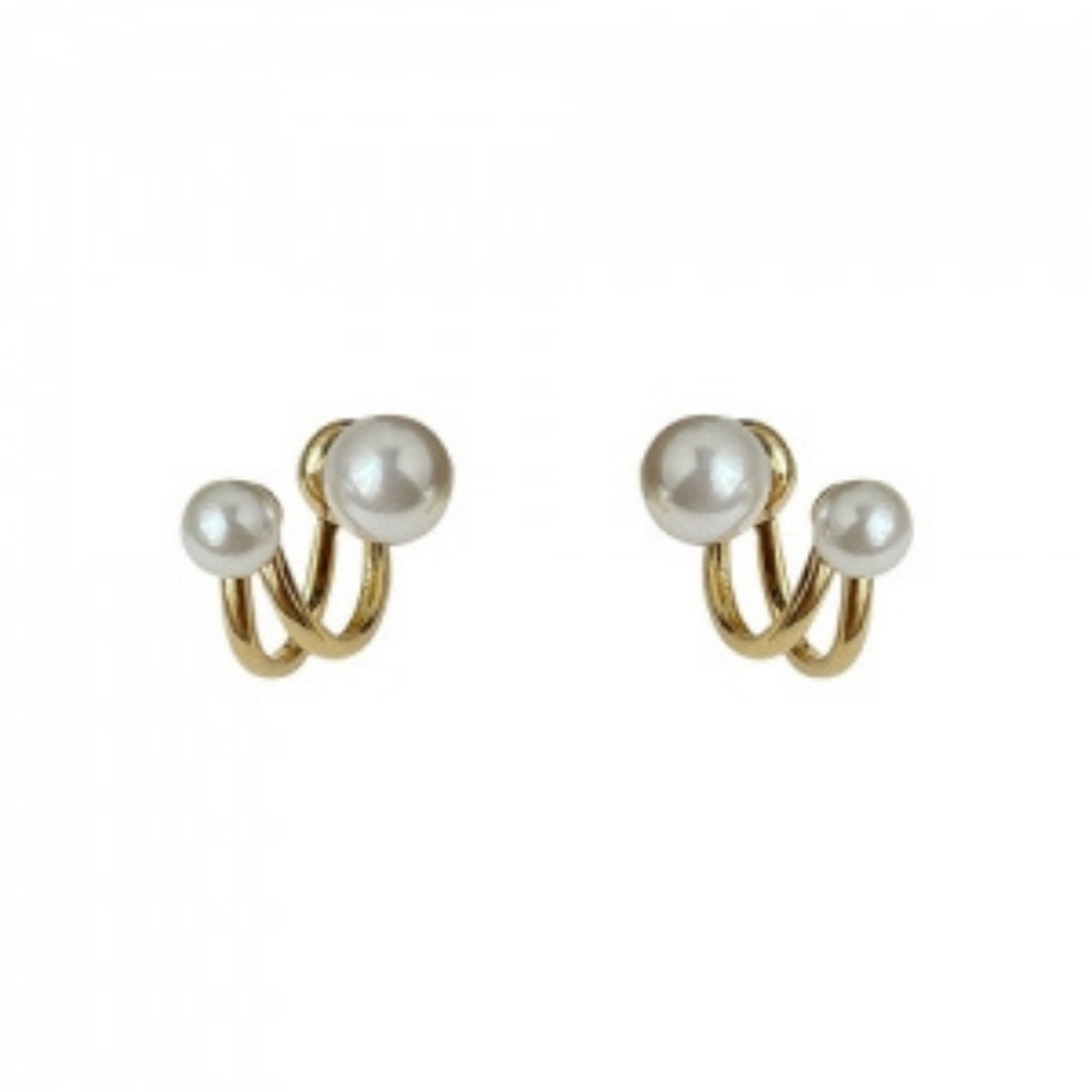 Korean Style Gold-Toned Dual Pearl Stud Earrings - Image 3