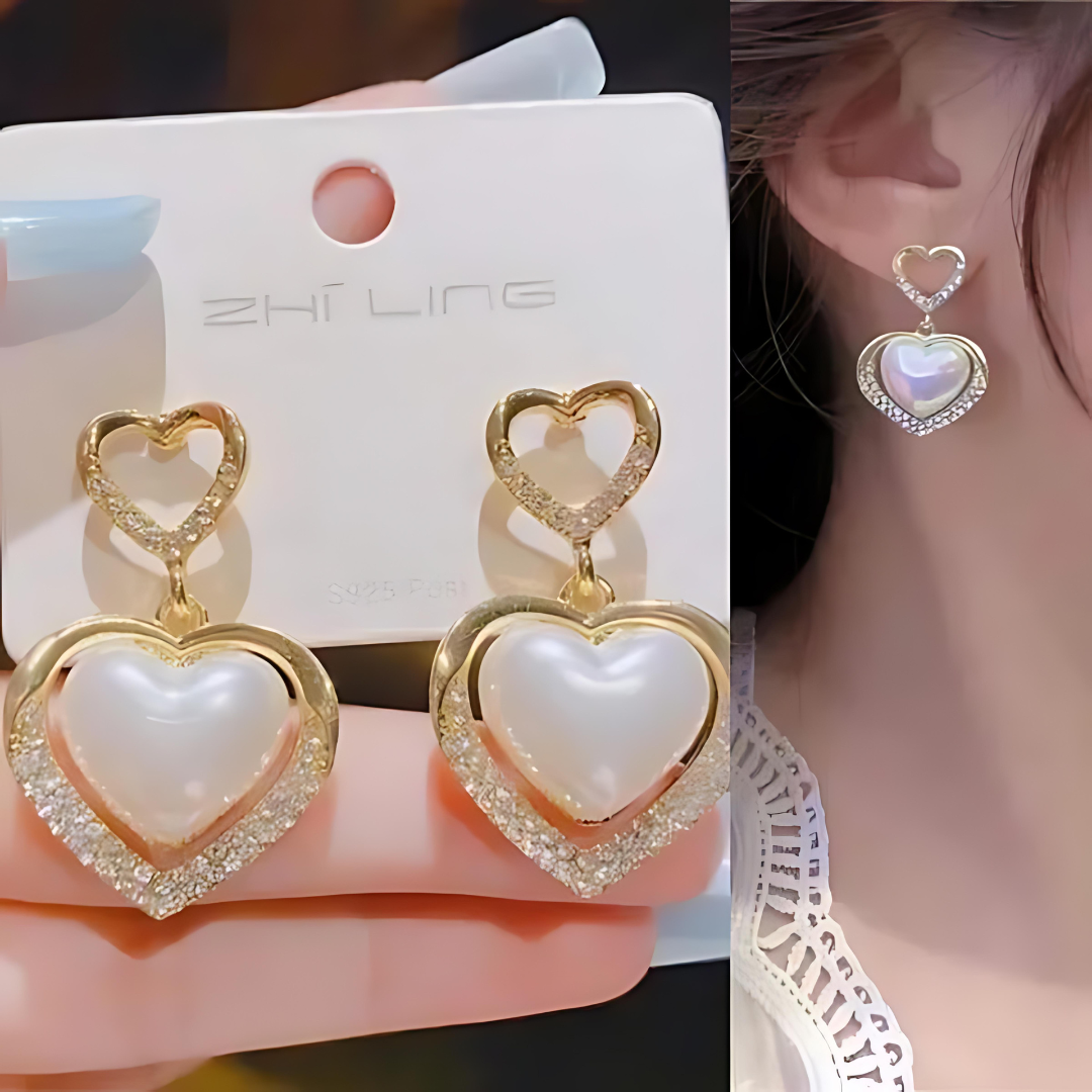 JJK 60 Gold-Plated Korean Marvelous Dual Hearts Pearl Drop Earrings - Image 3