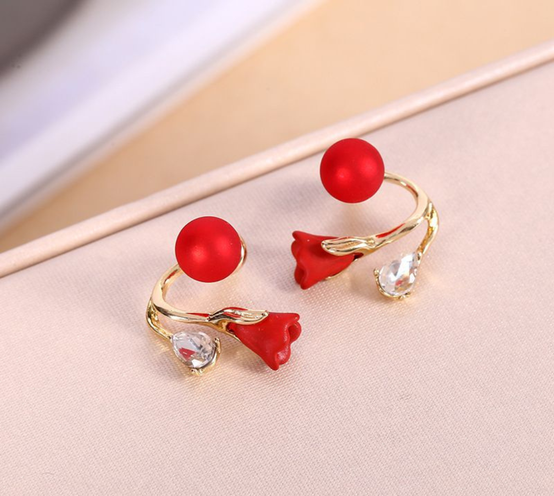 JJK52 Red Rose Flower Stud Earrings with Accent