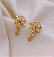 gold-toned flower-shaped stud earrings adorned with colorful stones, - Image 2