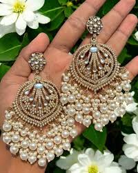 Traditional Gold Plated Kundan Pearl Drop Chandbali Earrings. - Image 3