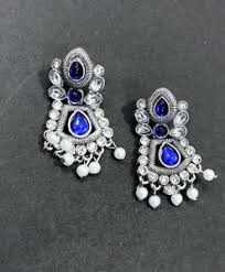 oxidized silver earrings with blue stones and pearl drops - Image 2