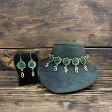 Oxidised Silver Peacock Feather Choker Necklace and Earrings Set. - Image 2